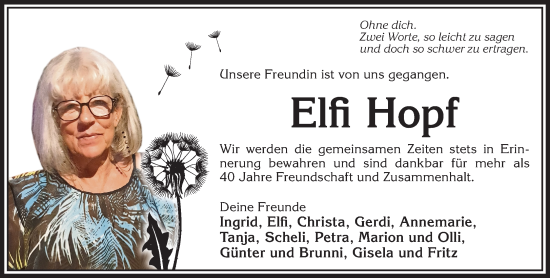 Traueranzeige von Elfi Hopf von Gelnhäuser Neue Zeitung