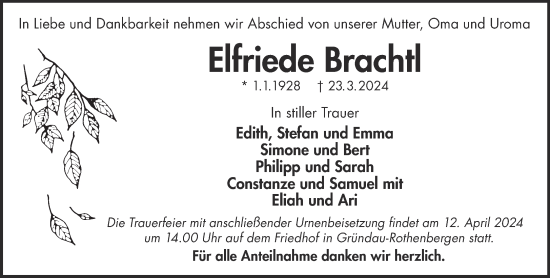 Traueranzeige von Elfriede Brachtl von Gelnhäuser Neue Zeitung