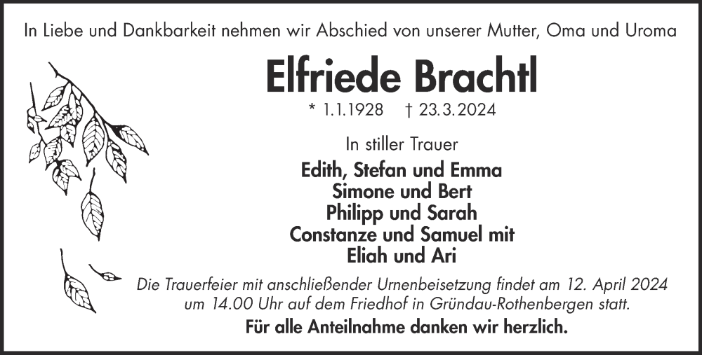  Traueranzeige für Elfriede Brachtl vom 06.04.2024 aus Mittelhessen-Bote