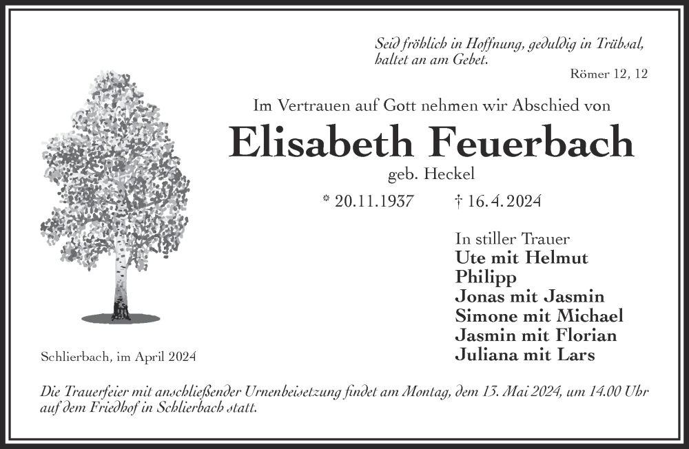  Traueranzeige für Elisabeth Feuerbach vom 27.04.2024 aus Gelnhäuser Neue Zeitung