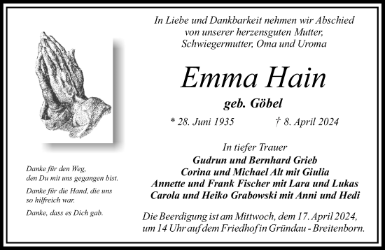 Traueranzeige von Emma Hain von Gelnhäuser Neue Zeitung