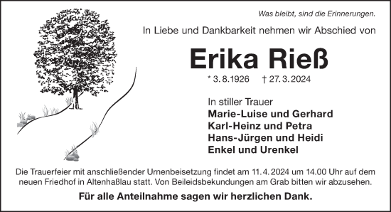 Traueranzeige von Erika Rieß von Gelnhäuser Neue Zeitung