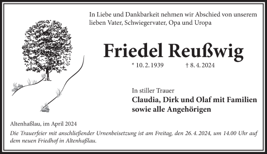 Traueranzeige von Friedel Reußwig von Gelnhäuser Neue Zeitung