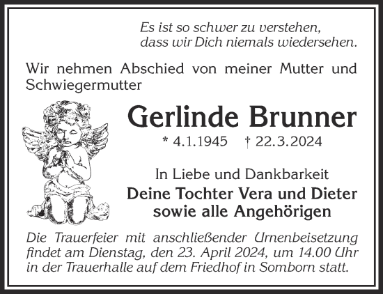 Traueranzeige von Gerlinde Brunner von Gelnhäuser Neue Zeitung