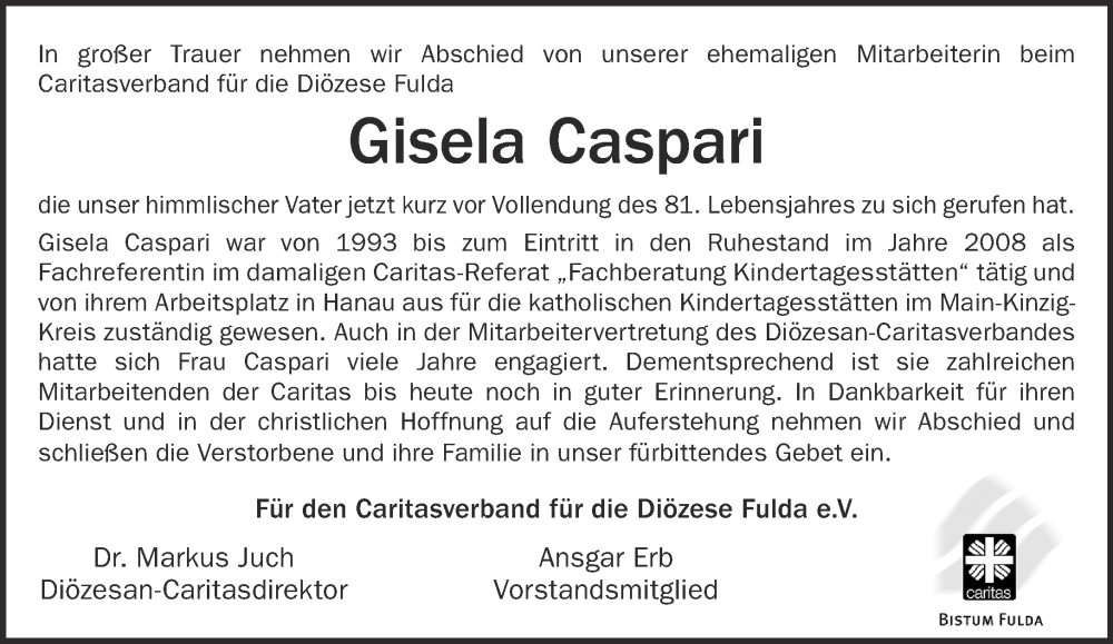  Traueranzeige für Gisela Caspari vom 13.04.2024 aus Mittelhessen-Bote