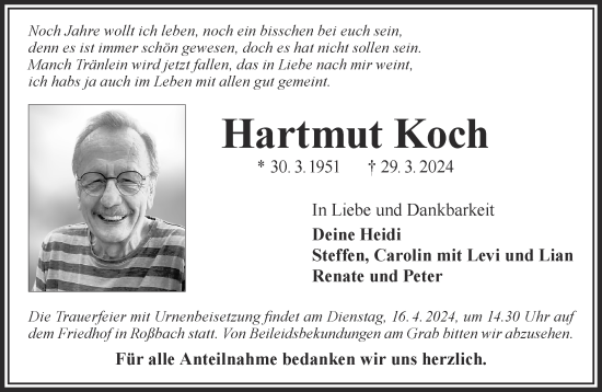 Traueranzeige von Hartmut Koch von Gelnhäuser Neue Zeitung