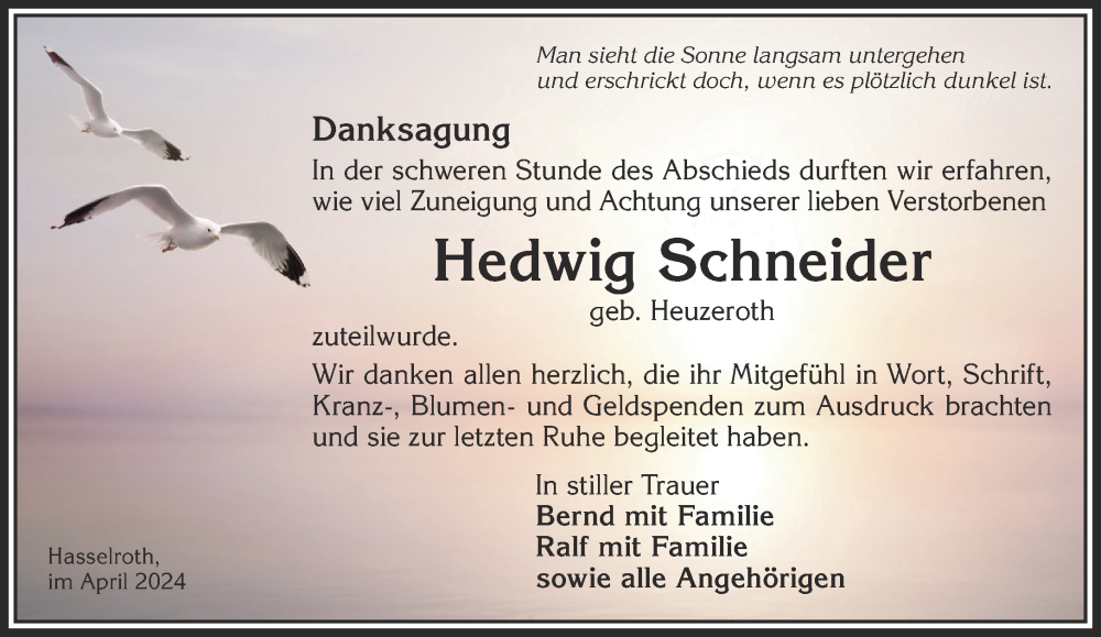  Traueranzeige für Hedwig Schneider vom 20.04.2024 aus Gelnhäuser Neue Zeitung