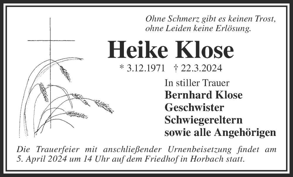  Traueranzeige für Heike Klose vom 02.04.2024 aus Gelnhäuser Neue Zeitung