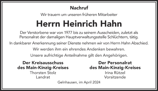 Traueranzeige von Heinrich Hahn von Mittelhessen-Bote