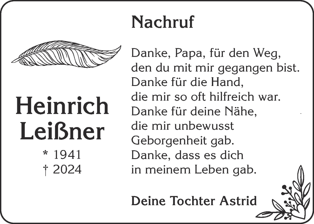  Traueranzeige für Heinrich Leißner vom 27.04.2024 aus Mittelhessen-Bote