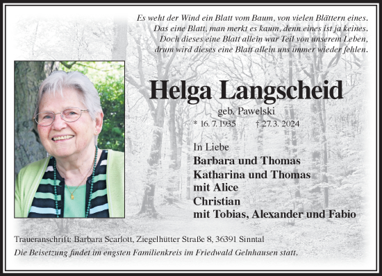 Traueranzeige von Helga Langscheid von Gelnhäuser Neue Zeitung
