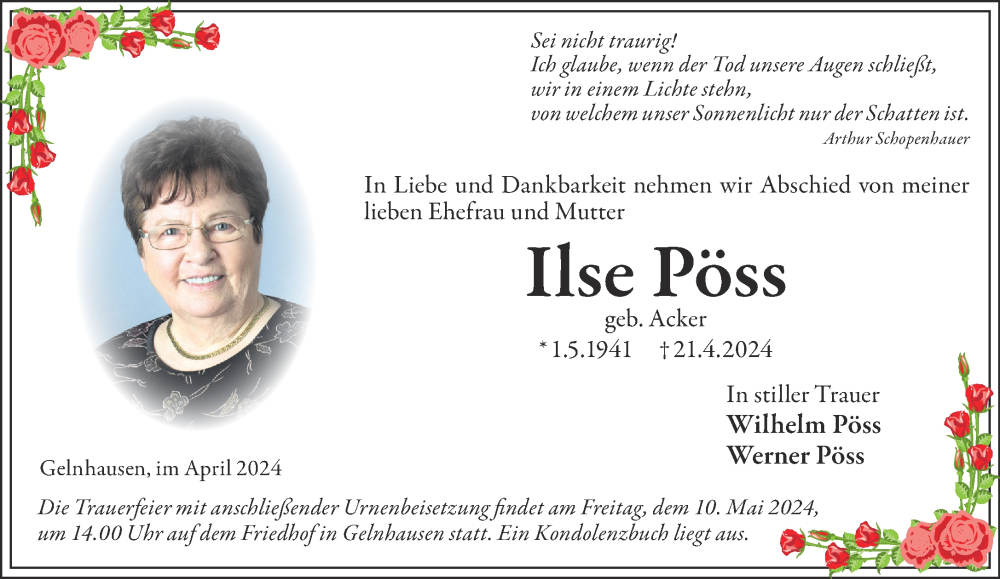  Traueranzeige für Ilse Pöss vom 27.04.2024 aus Gelnhäuser Neue Zeitung