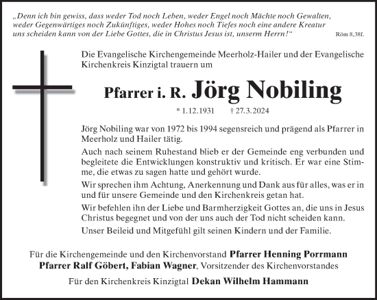Traueranzeige von Jörg Nobiling von Gelnhäuser Neue Zeitung