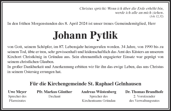 Traueranzeige von Johann Pytlik von Gelnhäuser Neue Zeitung