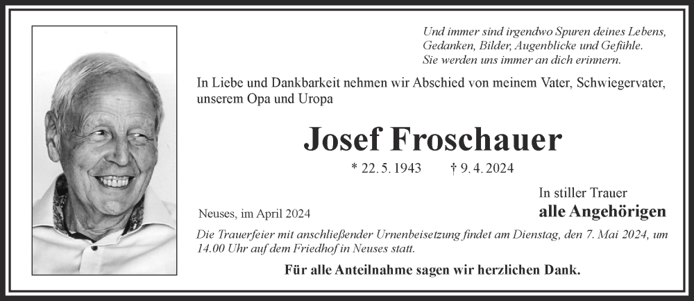  Traueranzeige für Josef Froschauer vom 27.04.2024 aus Gelnhäuser Neue Zeitung