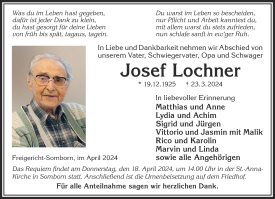 Traueranzeige von Josef Lochner von Gelnhäuser Neue Zeitung