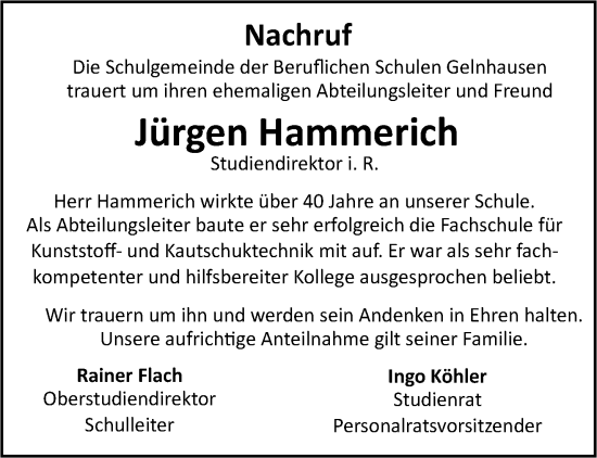 Traueranzeige von Jürgen Hammerich von Gelnhäuser Neue Zeitung