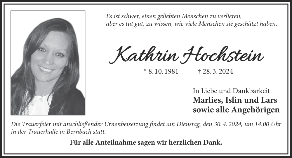  Traueranzeige für Kathrin Hochstein vom 17.04.2024 aus Gelnhäuser Neue Zeitung