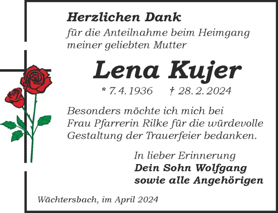 Traueranzeige von Lena Kujer von Gelnhäuser Neue Zeitung