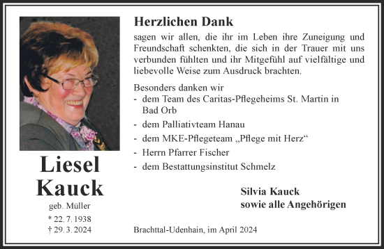 Traueranzeige von Liesel Kauck von Gelnhäuser Neue Zeitung