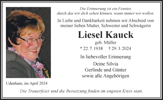 Traueranzeige von Liesel Kauck von Gelnhäuser Neue Zeitung