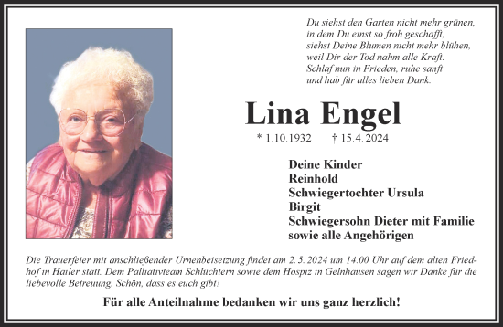 Traueranzeige von Lina Engel von Gelnhäuser Neue Zeitung
