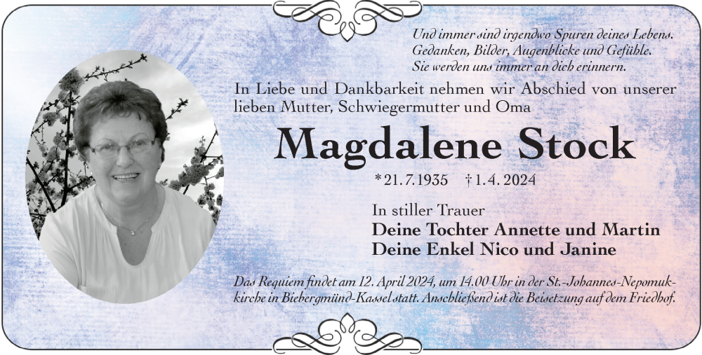  Traueranzeige für Magdalene Stock vom 06.04.2024 aus Mittelhessen-Bote