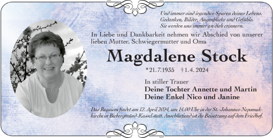 Traueranzeige von Magdalene Stock von Mittelhessen-Bote