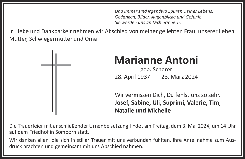  Traueranzeige für Marianne Antoni vom 20.04.2024 aus Gelnhäuser Neue Zeitung