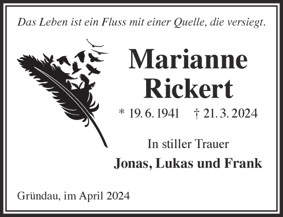 Traueranzeige von Marianne Rickert von Gelnhäuser Neue Zeitung