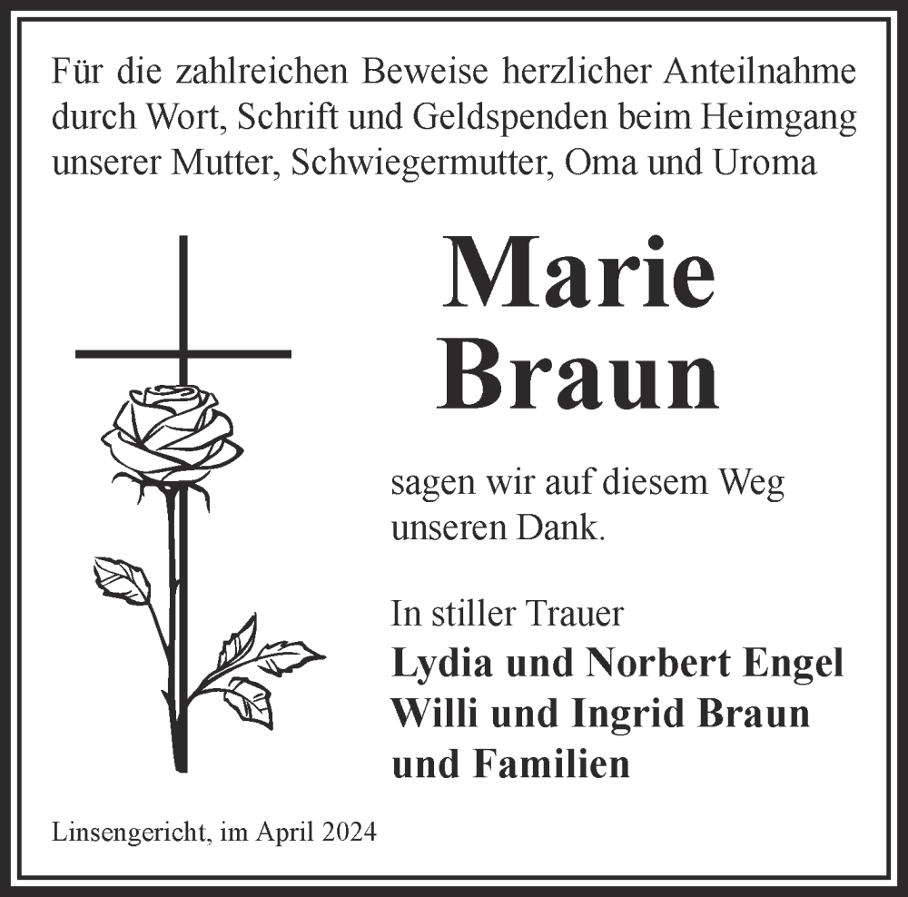 Traueranzeige für Marie Braun vom 13.04.2024 aus Gelnhäuser Neue Zeitung