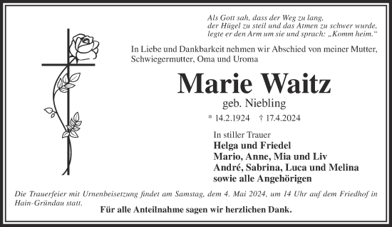 Traueranzeige von Marie Waitz von Gelnhäuser Neue Zeitung