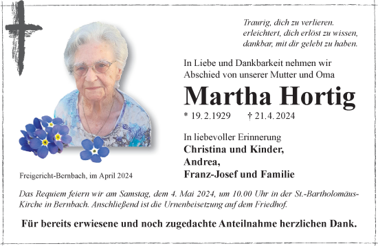 Traueranzeige von Martha Hortig von Gelnhäuser Neue Zeitung
