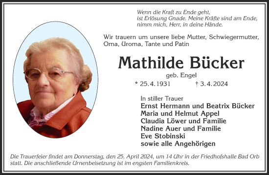 Traueranzeige von Mathilde Bücker von Gelnhäuser Neue Zeitung