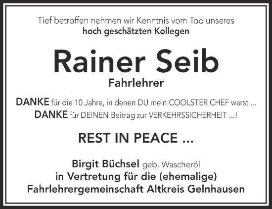 Traueranzeige von Rainer Seib von Gelnhäuser Neue Zeitung