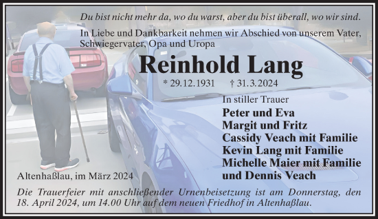 Traueranzeige von Reinhold Lang von Gelnhäuser Neue Zeitung