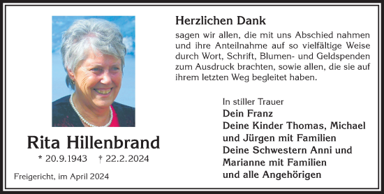 Traueranzeige von Rita Hillenbrand von Gelnhäuser Neue Zeitung