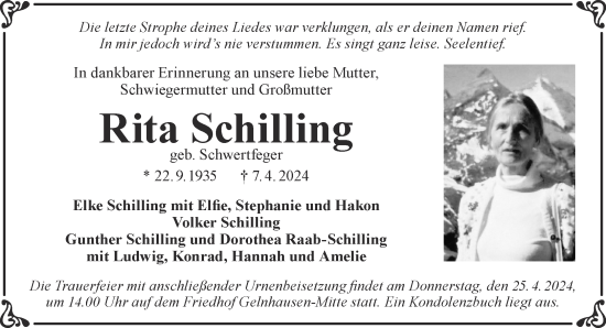 Traueranzeige von Rita Schilling von Gelnhäuser Neue Zeitung