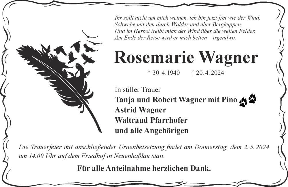  Traueranzeige für Rosemarie Wagner vom 27.04.2024 aus Gelnhäuser Neue Zeitung