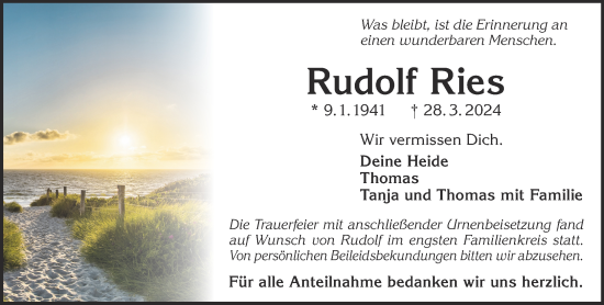 Traueranzeige von Rudolf Ries von Gelnhäuser Neue Zeitung