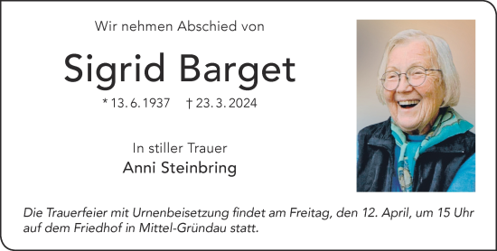 Traueranzeige von Sigrid Barget von Gelnhäuser Neue Zeitung