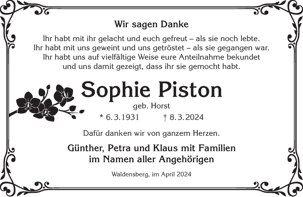  Traueranzeige für Sophie Piston vom 20.04.2024 aus Gelnhäuser Neue Zeitung
