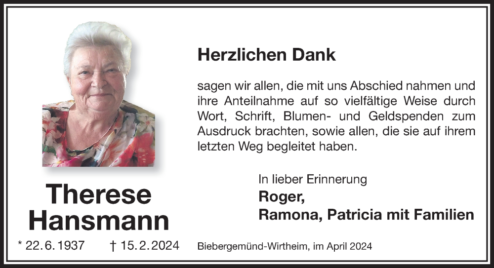 Traueranzeige für Therese Hansmann vom 27.04.2024 aus Gelnhäuser Neue Zeitung