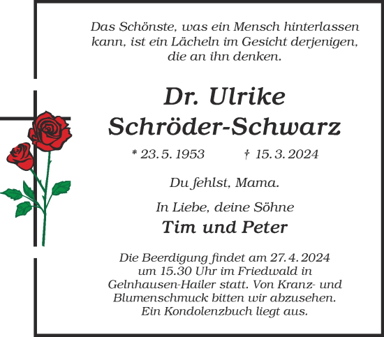 Traueranzeige von Ulrike Schröder-Schwarz von Gelnhäuser Neue Zeitung