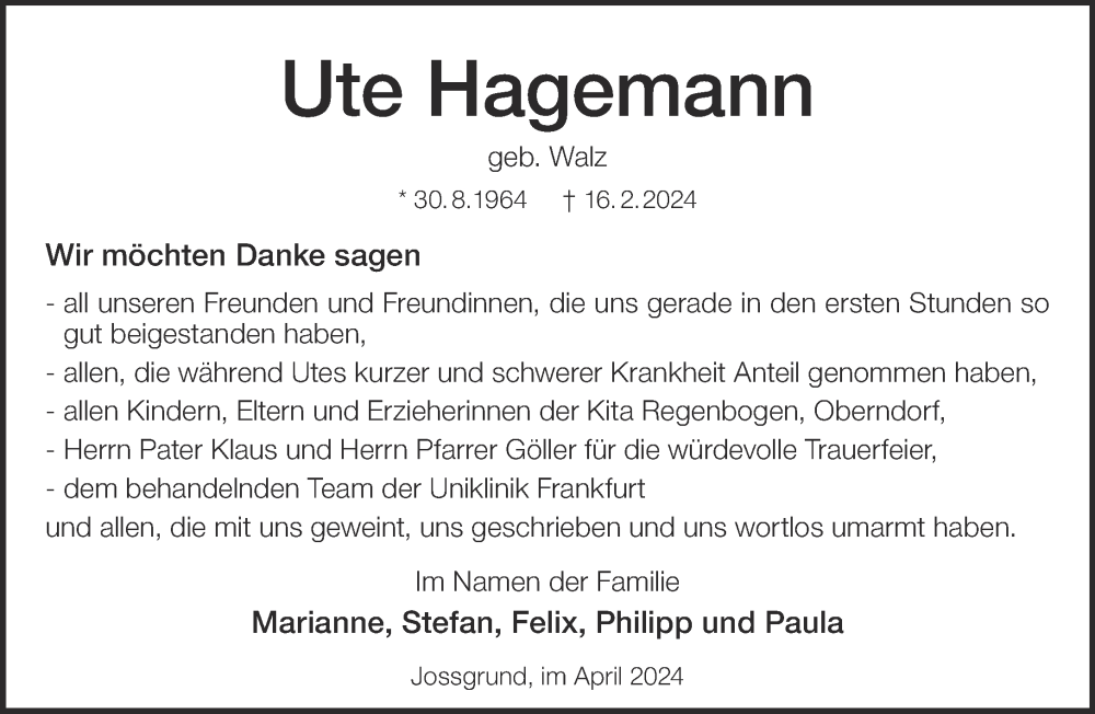  Traueranzeige für Ute Hagemann vom 06.04.2024 aus Gelnhäuser Neue Zeitung