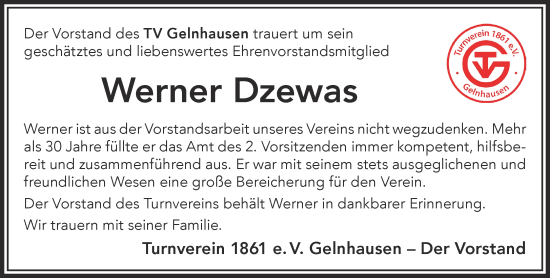 Traueranzeige von Werner Dzewas von Gelnhäuser Neue Zeitung