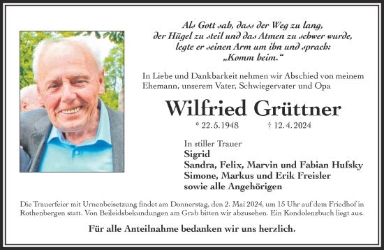 Traueranzeige von Wilfried Grüttner von Gelnhäuser Neue Zeitung
