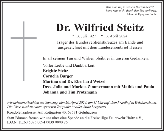 Traueranzeige von Wilfried Steitz von Gelnhäuser Neue Zeitung