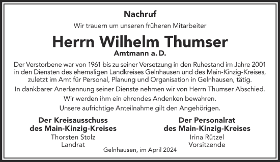 Traueranzeige von Wilhelm Thumser von Mittelhessen-Bote