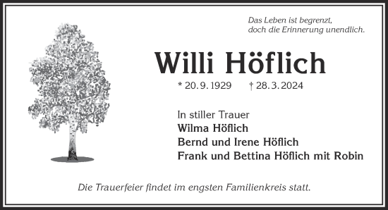 Traueranzeige von Willi Höflich von Gelnhäuser Neue Zeitung